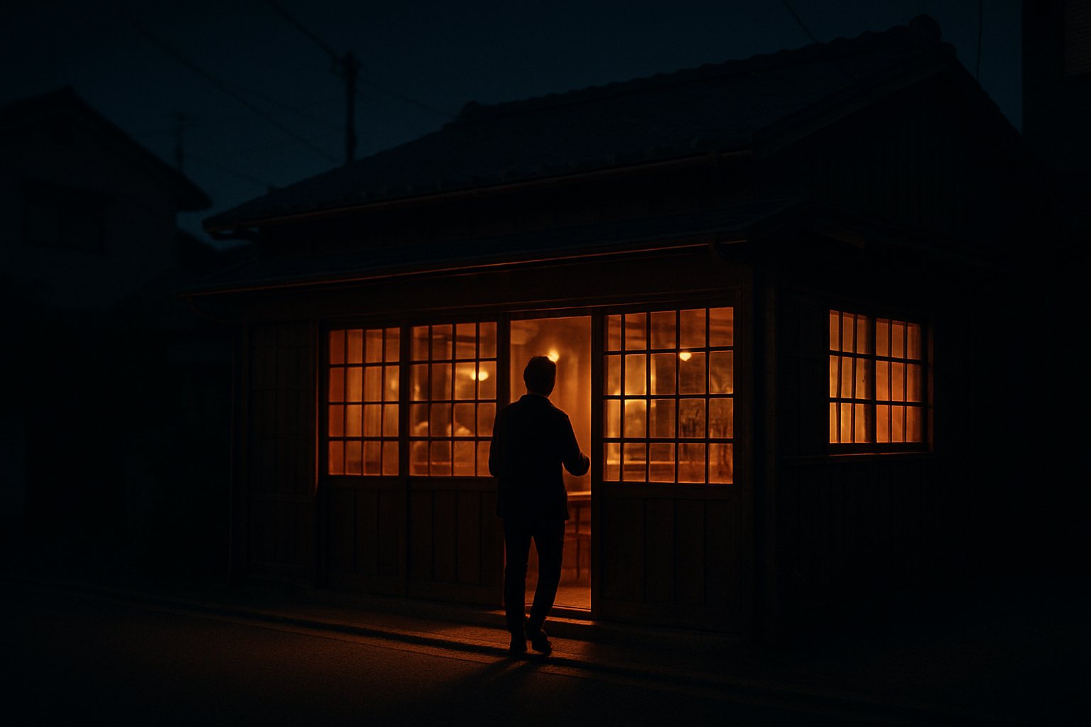 夜の店構え。引き戸から灯りが漏れる
